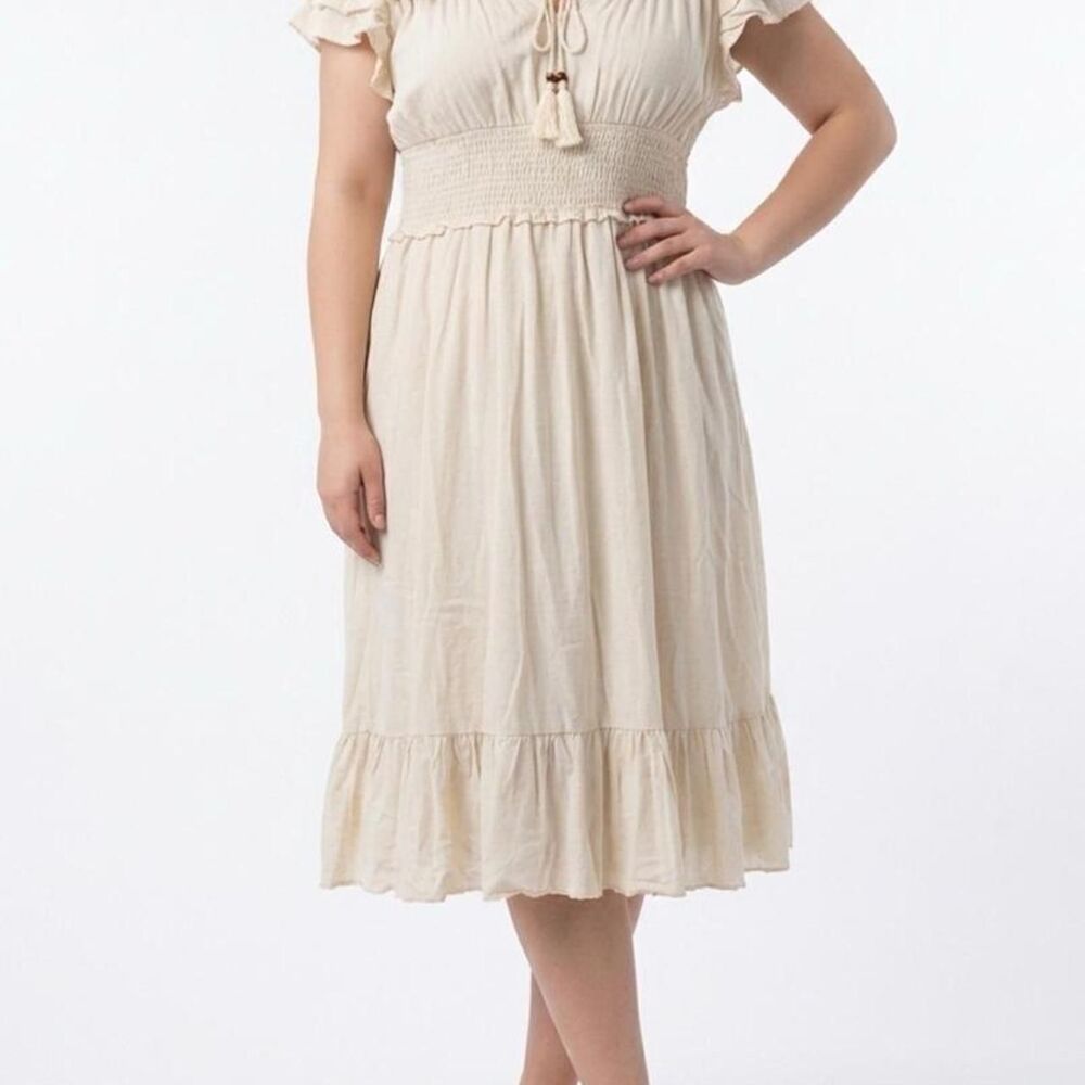 Women's Cotton Linen Cream and Tan Midi Dress Size 2XL